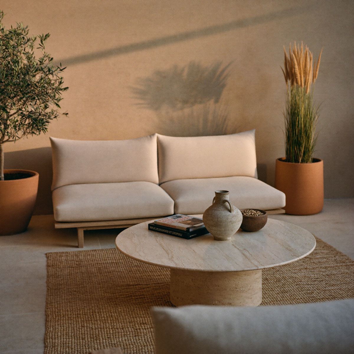 Outdoor & Garden — terrace sofa, travertine table and terracotta planters