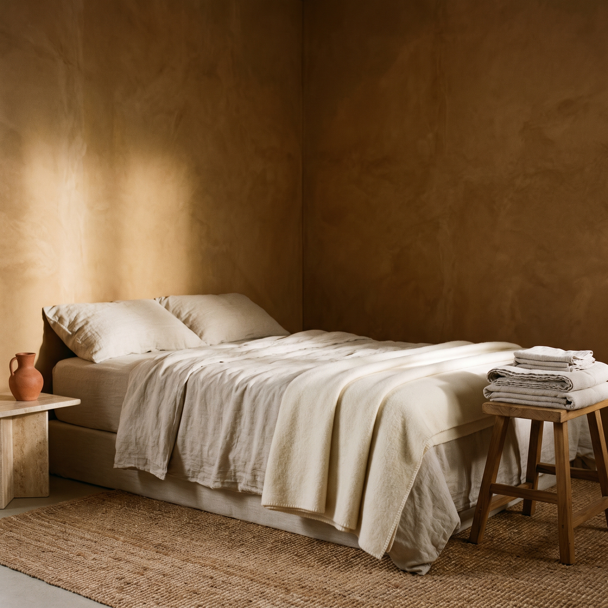 Bedroom corner with a low bed in washed oatmeal linen, folded wool blanket and stacked towels in warm afternoon light