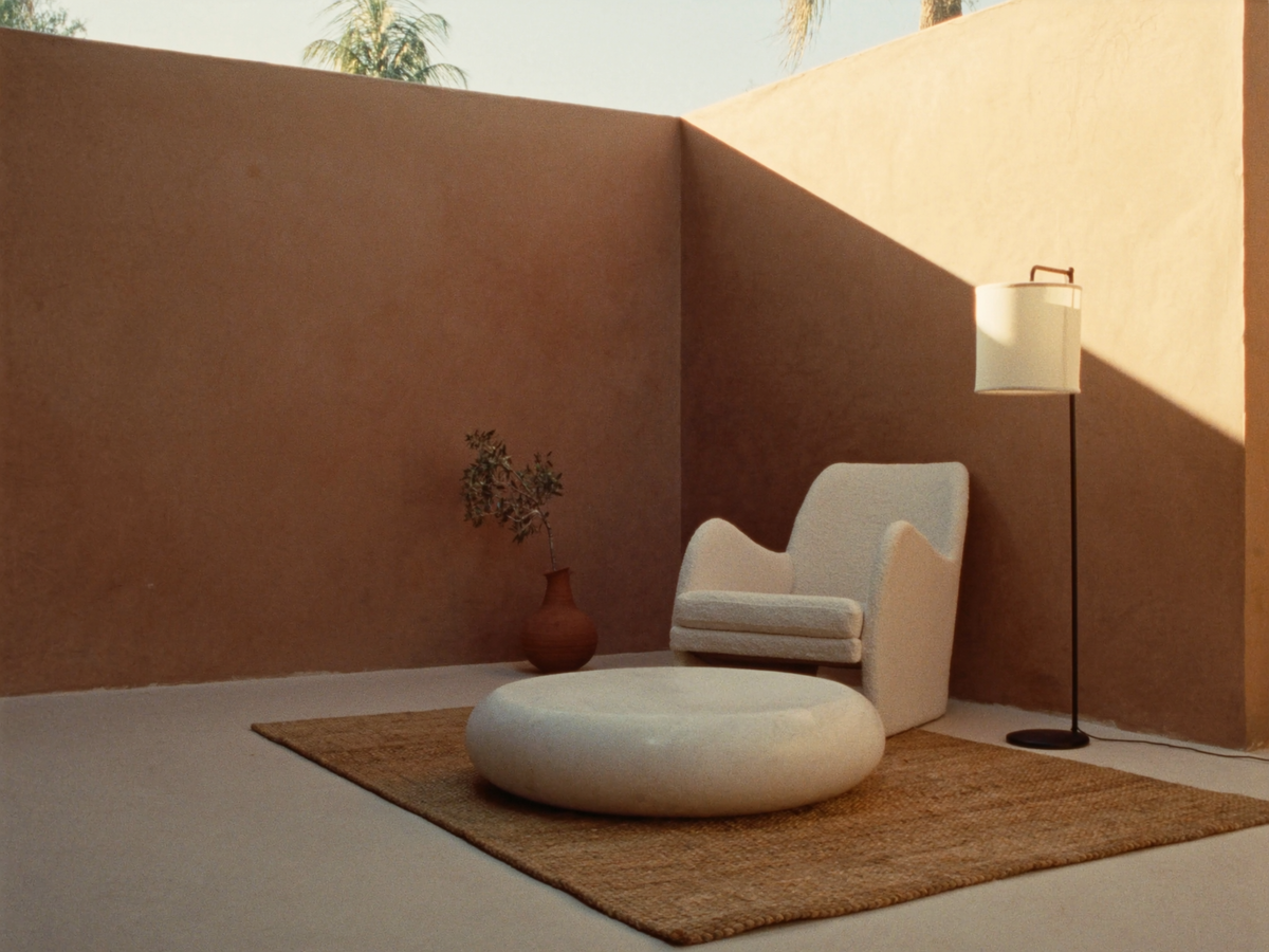 A cream boucle armchair, travertine table and jute rug in a warm clay-plaster room with low afternoon light