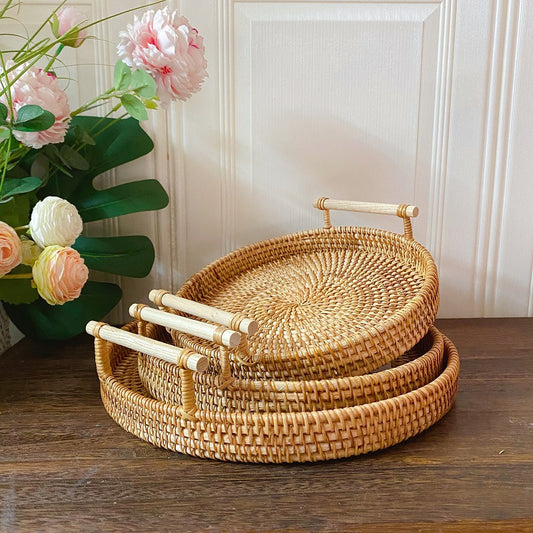 Rattan Serving Basket with Wooden Handle, Three Sizes — Weave NH-413