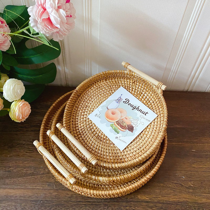 Rattan Serving Basket with Wooden Handle, Three Sizes — Weave NH-413