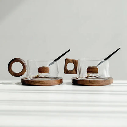 Glass Coffee Cups with Walnut Base, Set — Verre NH-1555