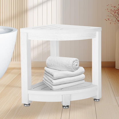 Teak Corner Shower Seat, Adjustable Feet — Balnea NH-1434