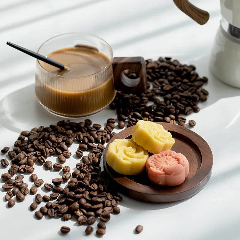 Glass Coffee Cups with Walnut Base, Set — Verre NH-1555