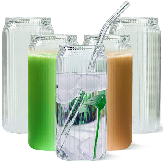 Vero · NH 02-03 — Ribbed Glass Tumblers with Straws, Set of Six
