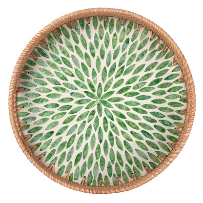 Rattan Serving Tray with Handles, 35cm Mother-of-Pearl Inlay — Weave NH-1613