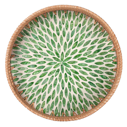 Rattan Serving Tray with Handles, 35cm Mother-of-Pearl Inlay — Weave NH-1613