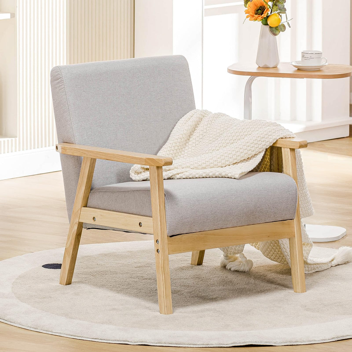 Linen Accent Chair with Wood Arms, Grey — Loggia NH-1497