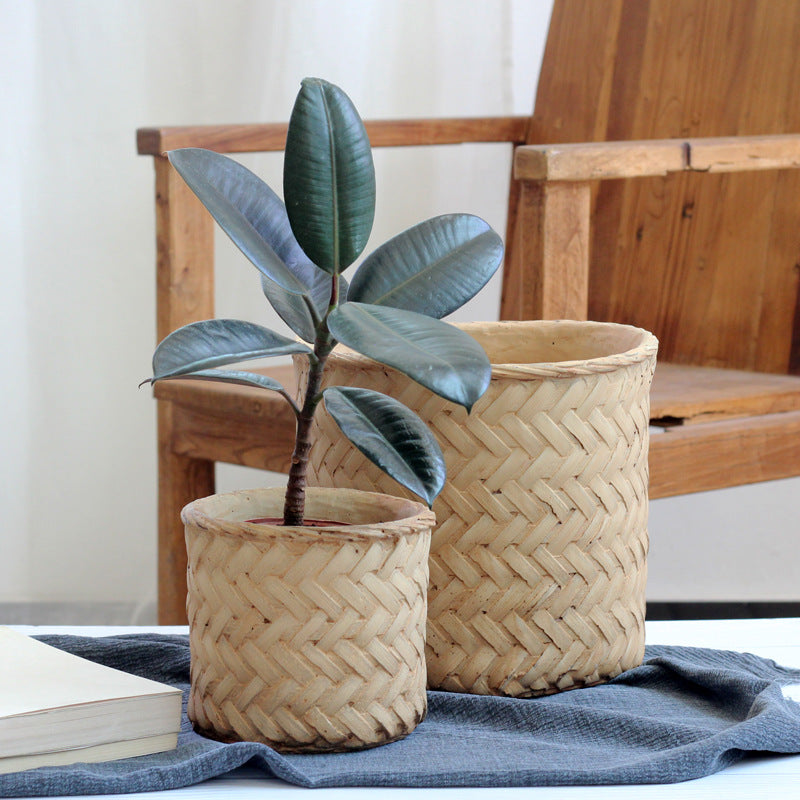 Cement Planter Woven Bamboo Look, 16cm — Atrium NH-380