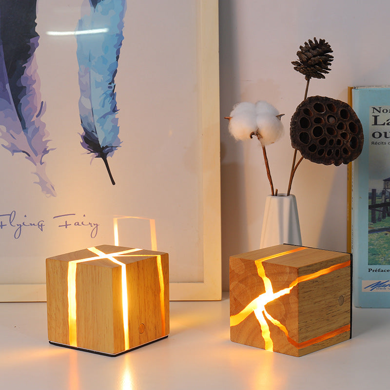 Wooden Cube Table Lamp, Resin Finish, 2600mAh Touch — Meridian NH-714