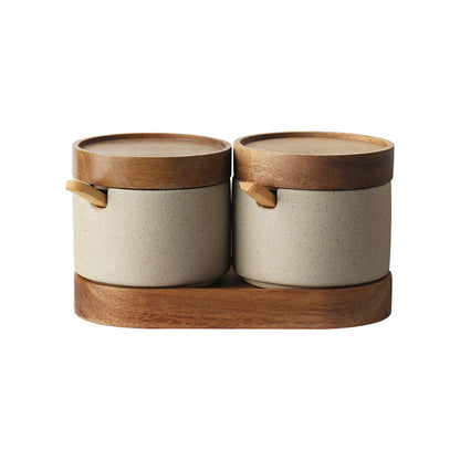 Ceramic Spice Jars with Wooden Tray — Larder NH-457