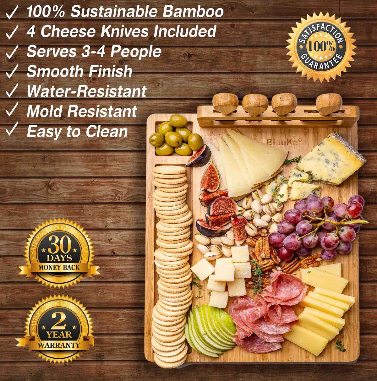 Bamboo Cheese Board with Four Knives, 36 x 28cm — Grove NH-1571
