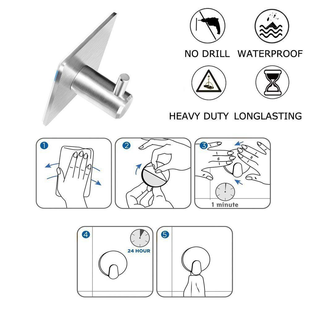 Self-Adhesive Wall Hooks, 5-Pack Stainless Steel — Latch NH-491