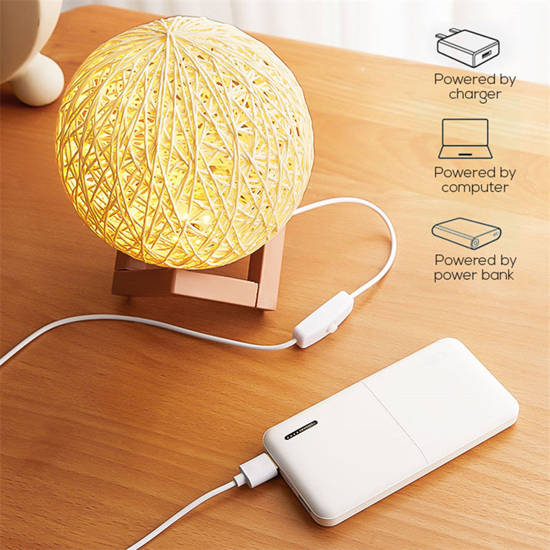 Rattan Ball Table Lamp, 15cm Woven Shade, USB Cord — Meridian NH-717