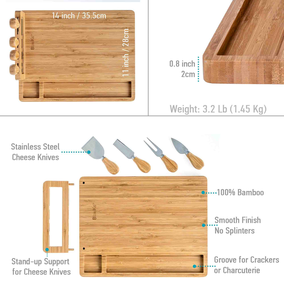 Bamboo Cheese Board with Four Knives, 36 x 28cm — Grove NH-1571