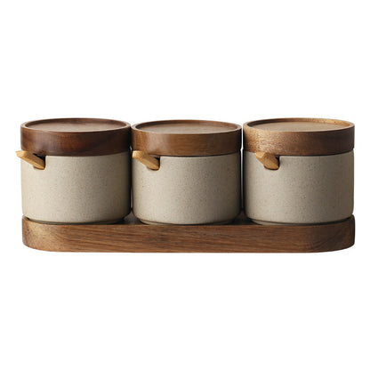 Ceramic Spice Jars with Wooden Tray — Larder NH-457