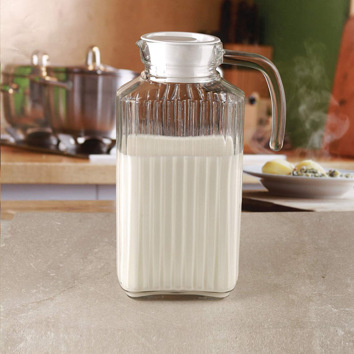 Ribbed Glass Pitcher with Lid and Handle, 1.8 Litre — Cinder NH-1131