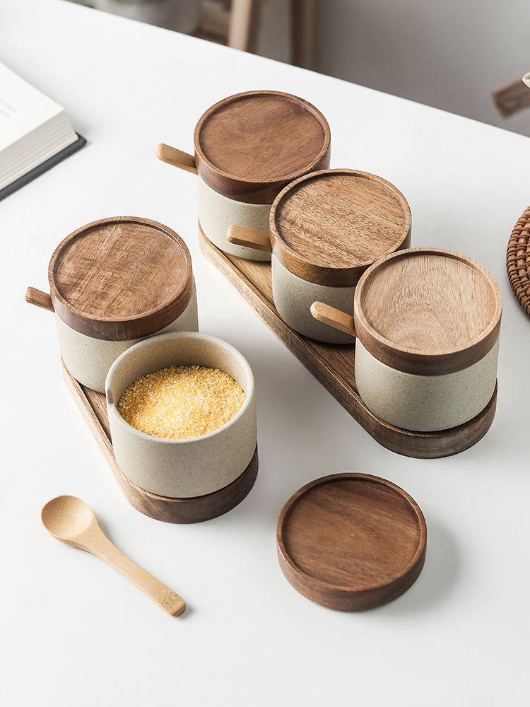 Ceramic Spice Jars with Wooden Tray — Larder NH-457