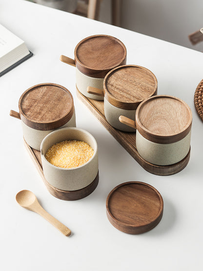 Ceramic Spice Jars with Wooden Tray — Larder NH-457