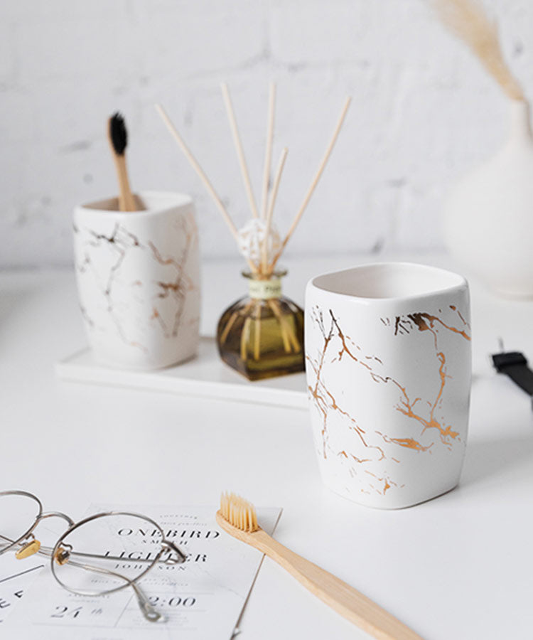 Marble-Striped Ceramic Toothbrush Holder Cup — Vein NH-856