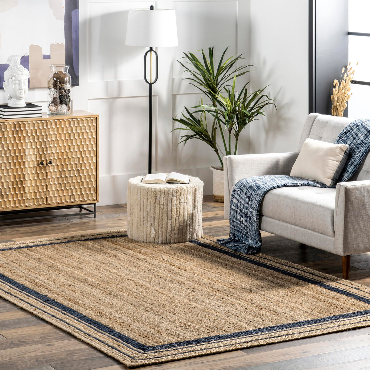 Braided Jute Rug, 90 x 150cm Navy Border — Loom NH-1591
