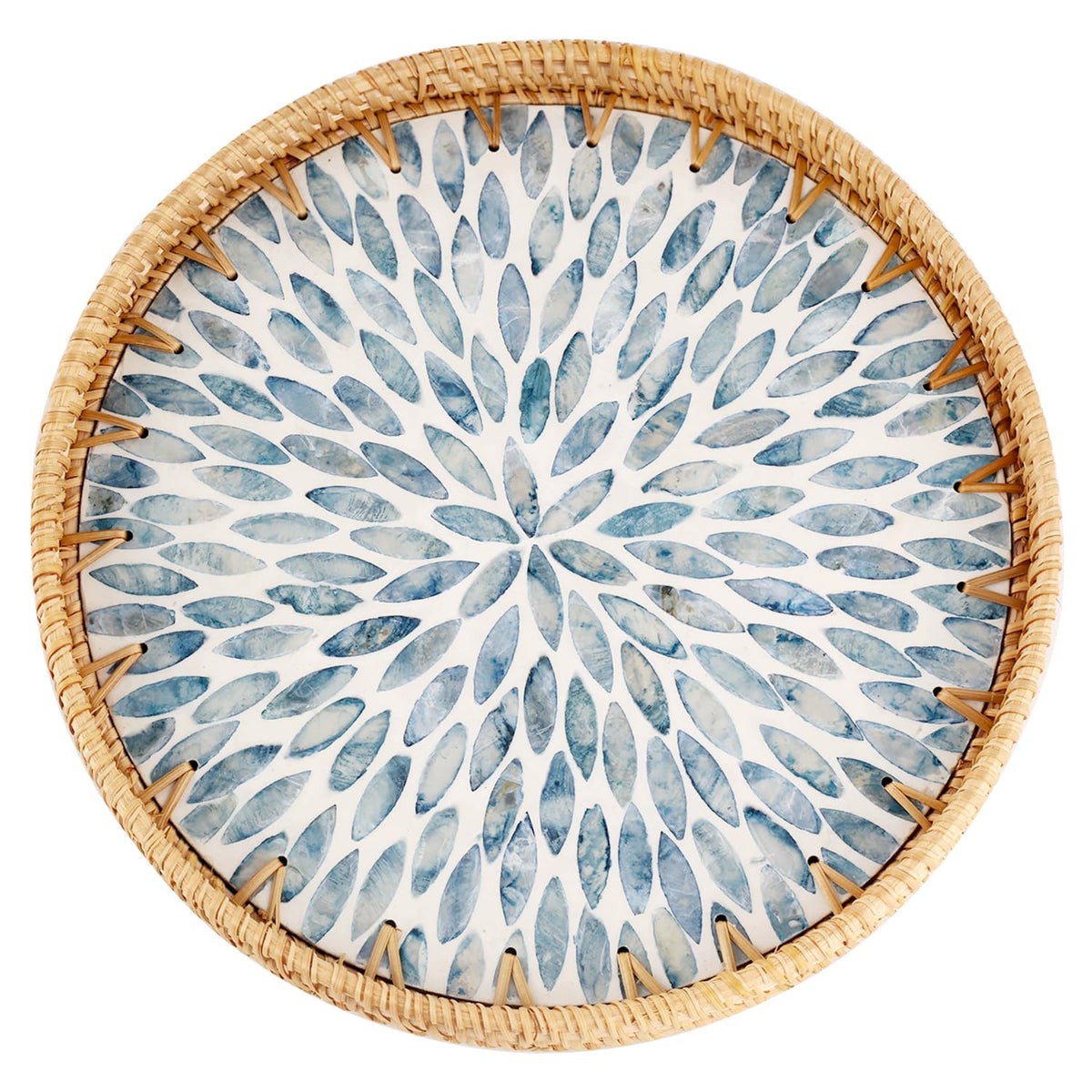 Rattan Serving Tray, 30cm Blue Leaf Inlay — Weave NH-1614