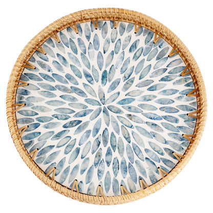 Rattan Serving Tray, 30cm Blue Leaf Inlay — Weave NH-1614