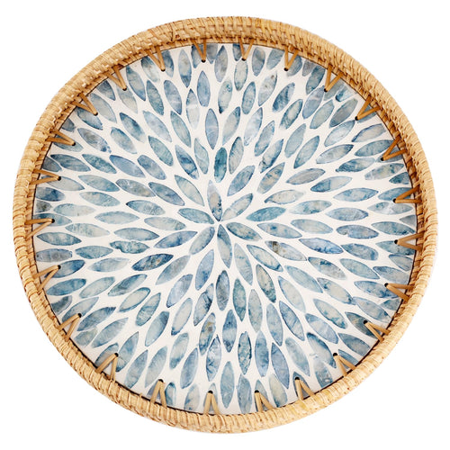 Rattan Serving Tray, 30cm Blue Leaf Inlay — Weave NH-1614
