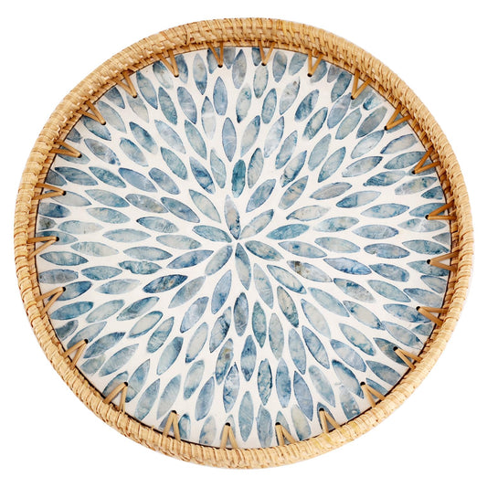 Rattan Serving Tray, 30cm Blue Leaf Inlay — Weave NH-1614