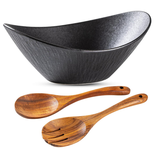 Ceramic Oval Salad Bowl with Acacia Servers, 25cm — Ceres NH-1463