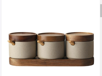 Ceramic Spice Jars with Wooden Tray — Larder NH-457