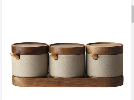Ceramic Spice Jars with Wooden Tray — Larder NH-457