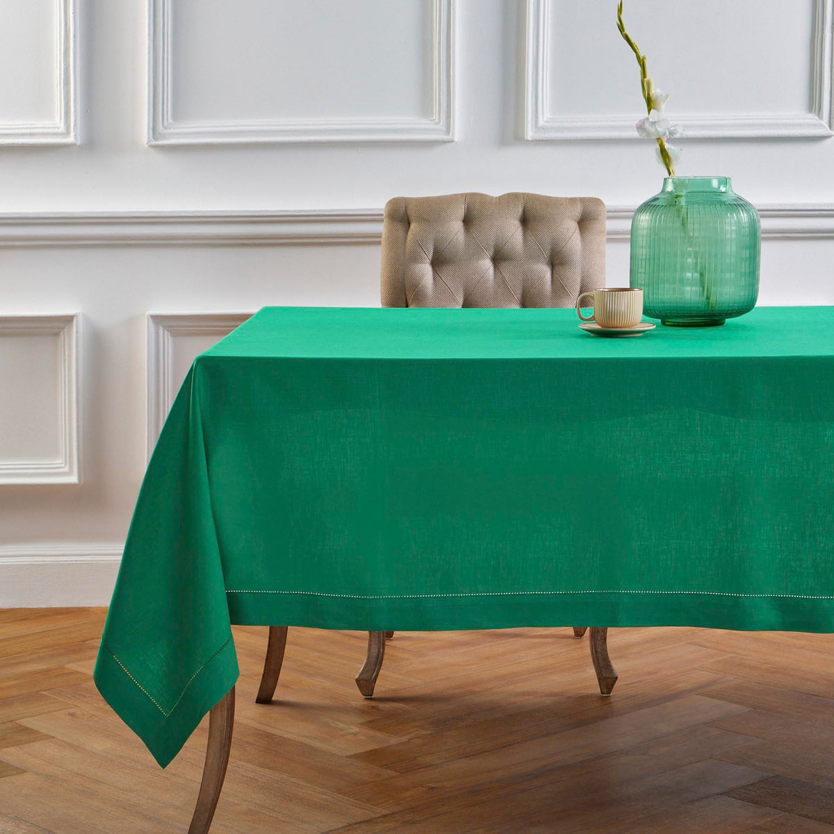 Pure Linen Hemstitch Tablecloth, 152 x 229cm Emerald — Fell NH-1607