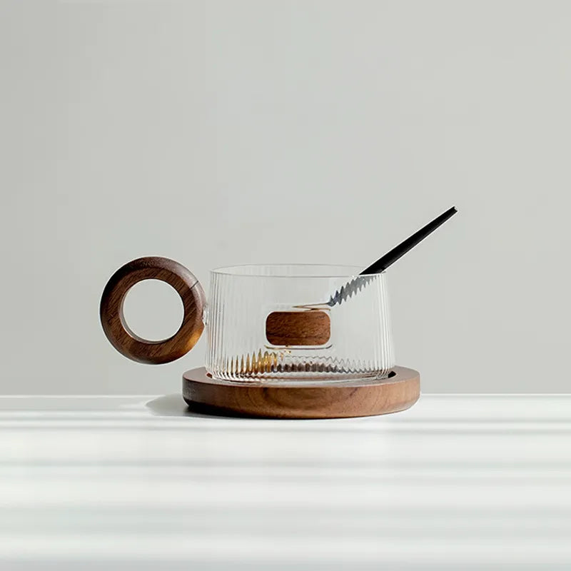 Glass Coffee Cups with Walnut Base, Set — Verre NH-1555
