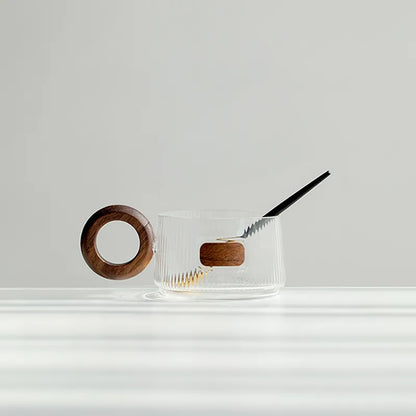 Glass Coffee Cups with Walnut Base, Set — Verre NH-1555