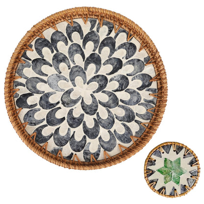 Rattan Serving Tray with Coasters, Mother-of-Pearl Inlay — Weave NH-1612