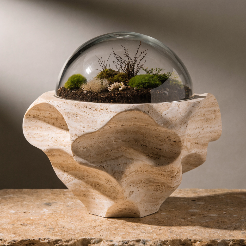 Travertine Vessel Glass-Domed Ecosystem