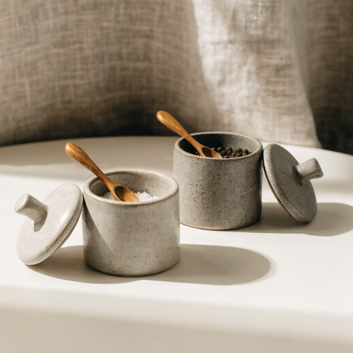 Stoneware Salt & Pepper Cellars — Pair with Spoons